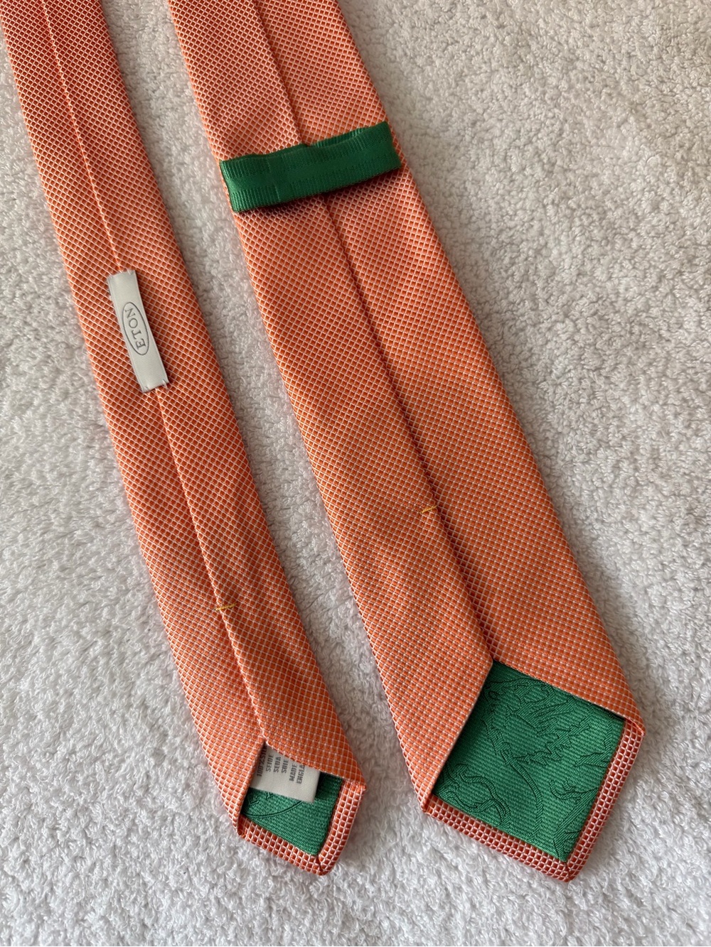 Eton Salmon Micro Geometric Woven Jacquard Skinny	100% Silk Tie EUC 59 x 2.75